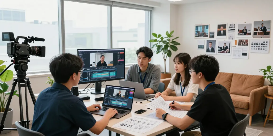 Engaging collaboration in a professional video production studio, showcasing the best corporate video production company Singapore in action.