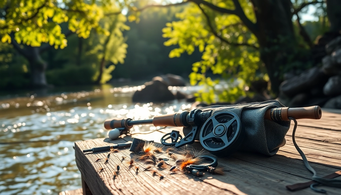 Showcase of a Fly fishing kit with rod and accessories arranged near a serene river environment.