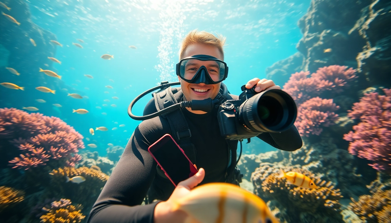 Schnuppertauchen mit einem Taucher, der fröhlich in einer bunten Unterwasserwelt fotografiert.