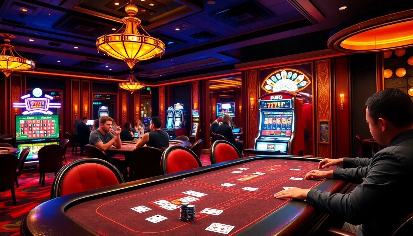 Exciting moment at 777VIP casino with players engaged at poker tables and vibrant slots.