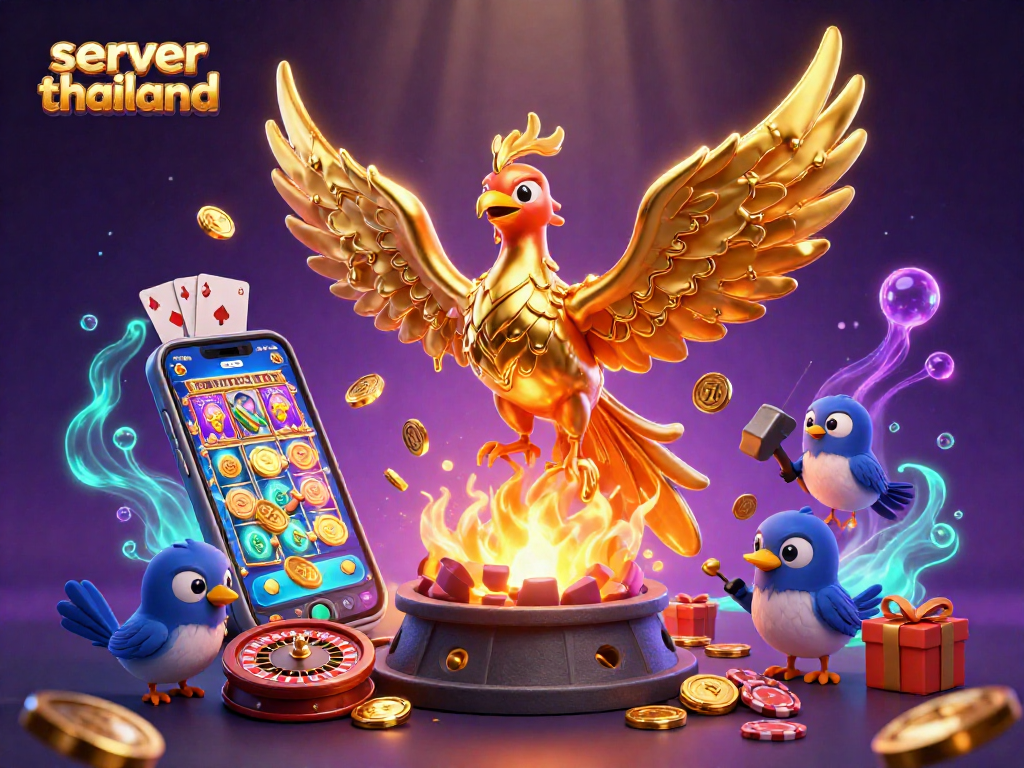 Spin to win with server thailand in this vibrant 3D casino scene packed with gaming elements.