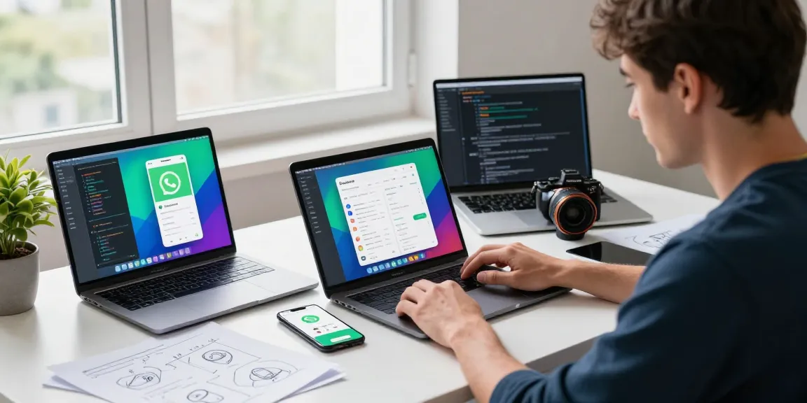Developer focused on gb whatsapp apk project at modern desk with multiple devices, notes, and natural light.