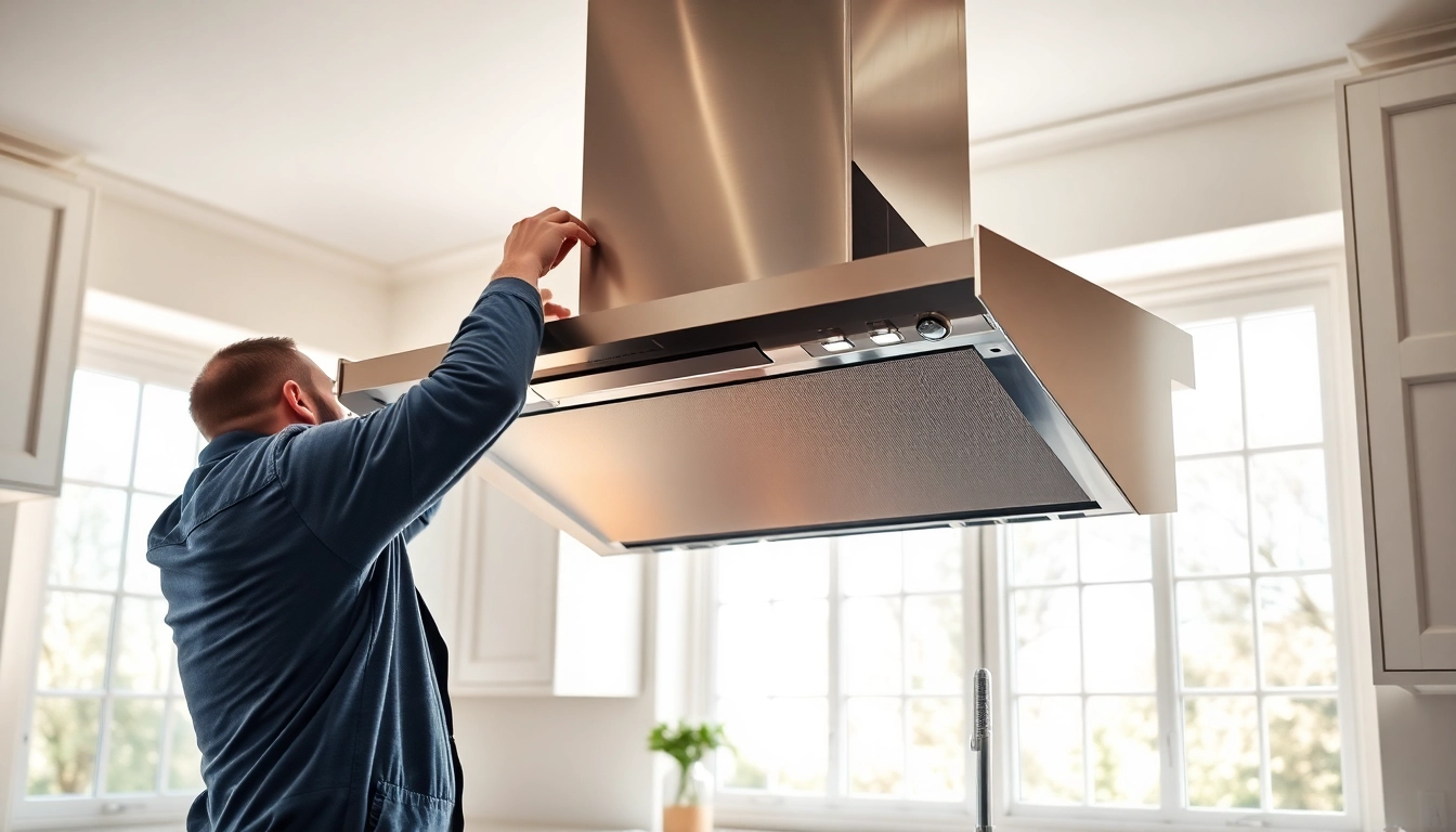 Technician performing exhaust hood installation in a bright kitchen.