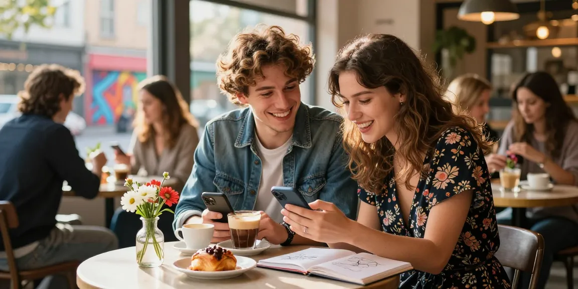 Young couple enjoying coffee and laughter while discussing their crush on social media.