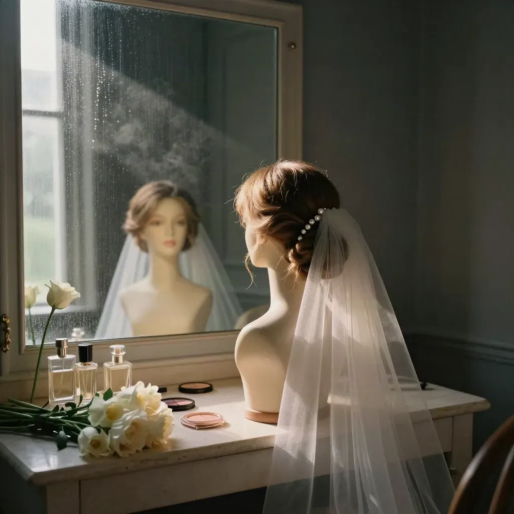 Bridal vanity with chignon, veil, makeup and white stems in moody dawn light.