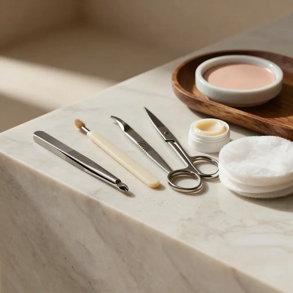 Brow-shaping tools arranged on marble with tweezers, spoolie, scissors, wax pot, and cotton pads.
