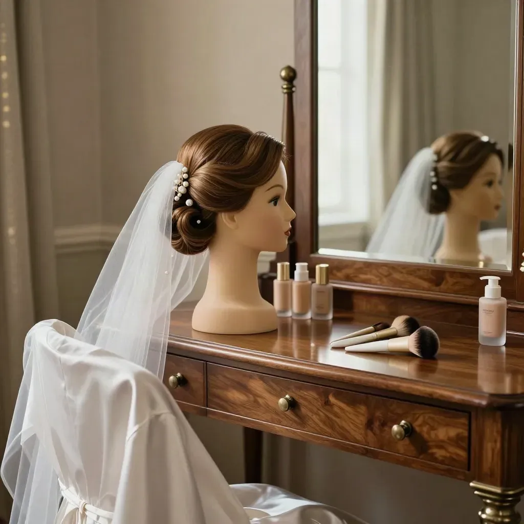 Bridal suite vanity with glossy updo mannequin, veiling, makeup bottles, brush set and satin robe.