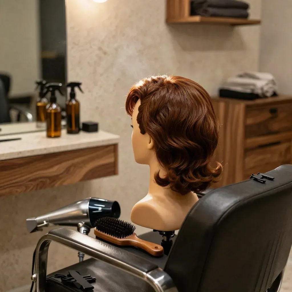 Chestnut mannequin wig blowout on a salon chair with tools in warm afternoon light.