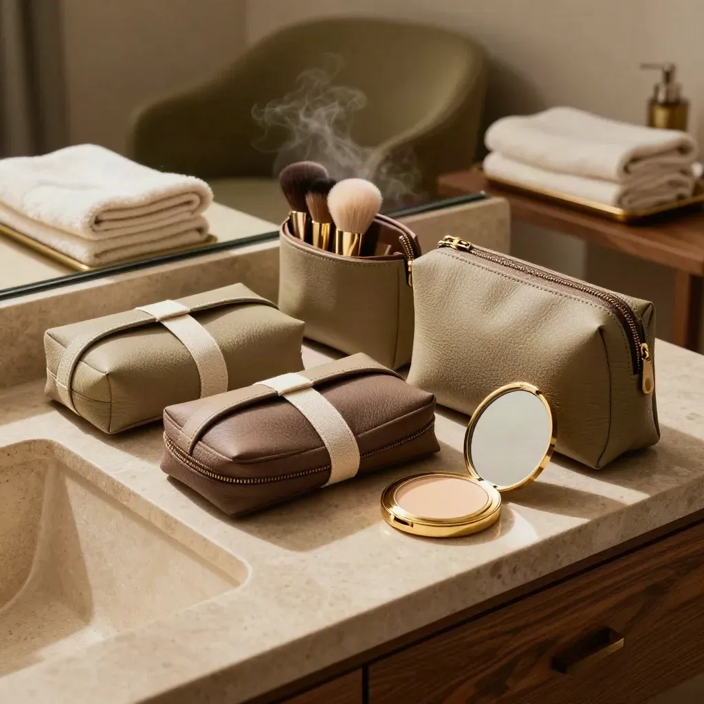 Makeup pouches, brush rolls, and mirrors lined up on a hotel console with styling chairs behind.