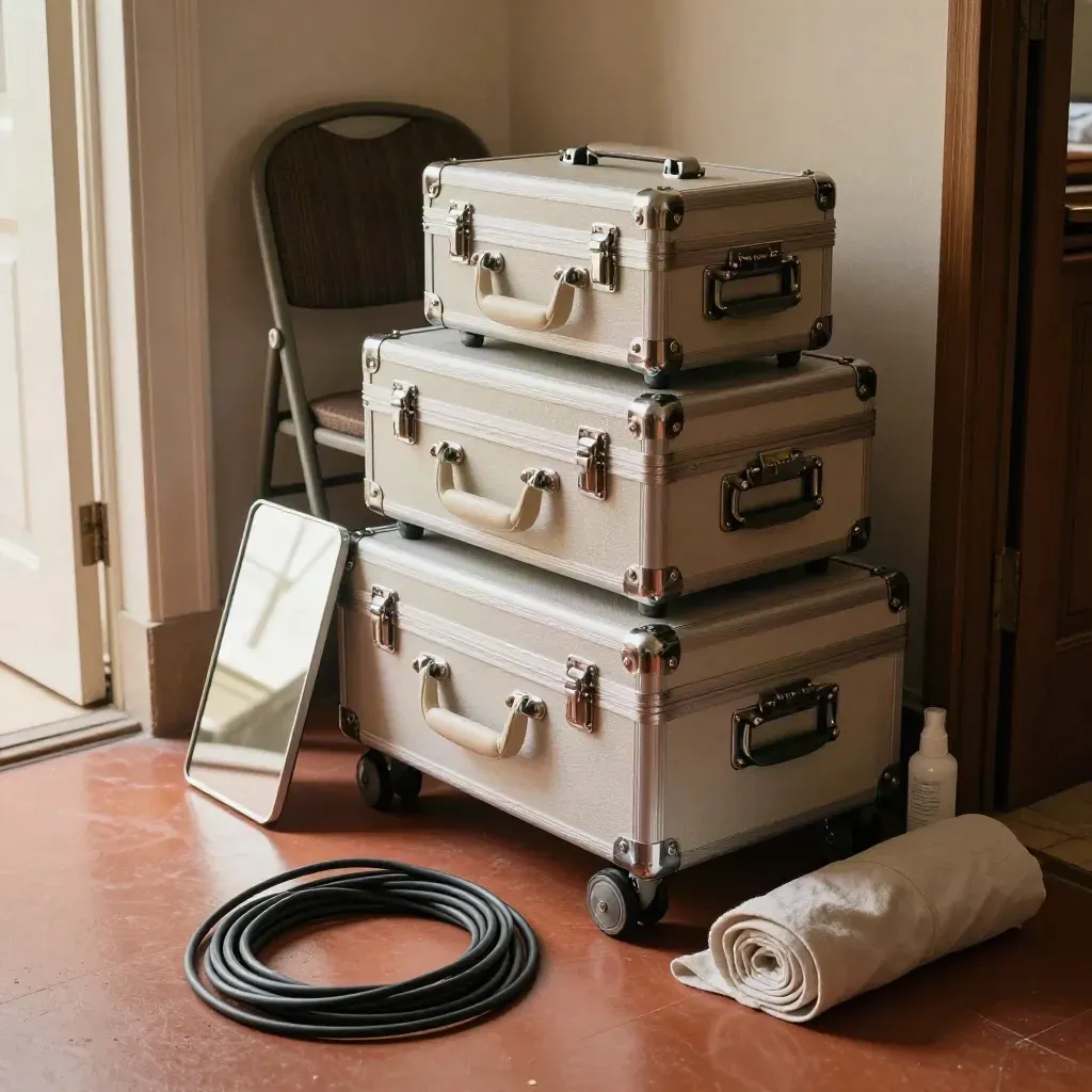 Beauty cases, chair, mirror, and extension lead by a hotel doorway, ready for on-location service.