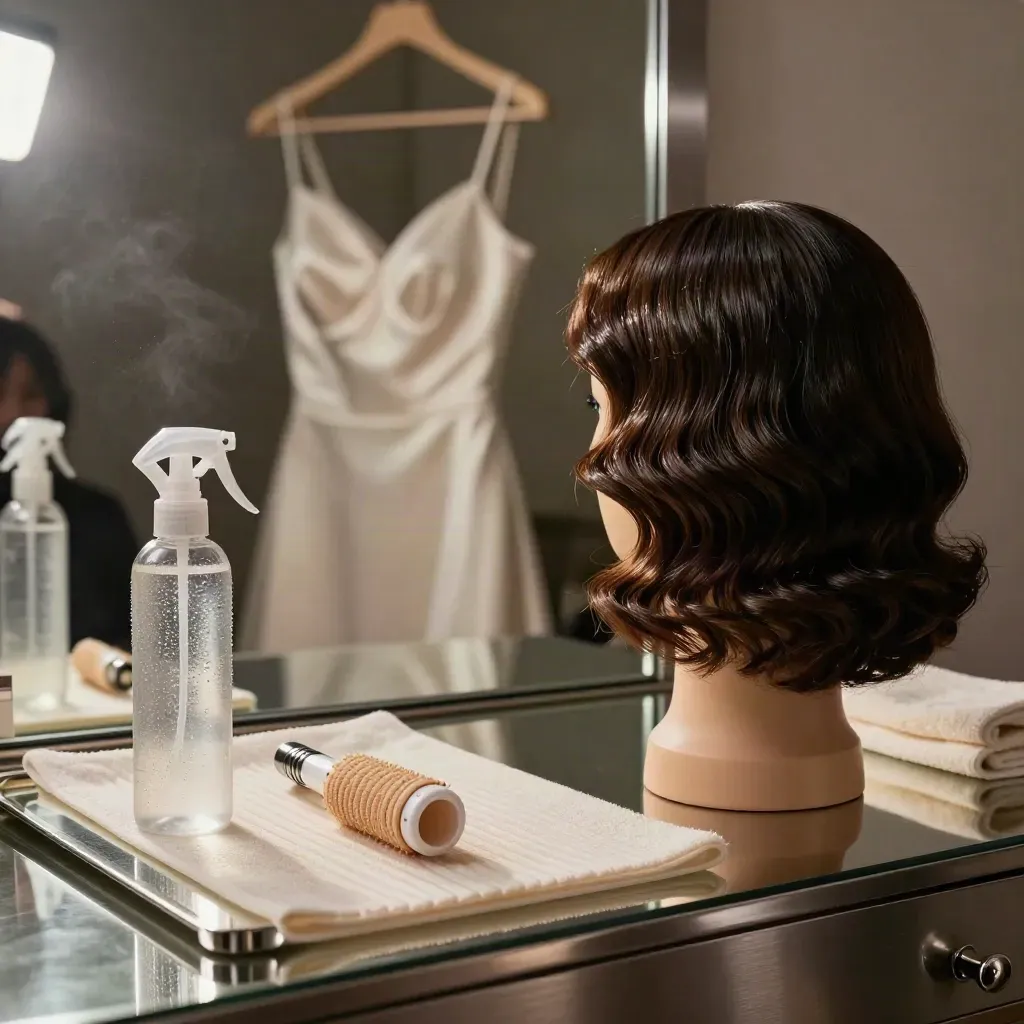 Gala-prep vanity with rollers, shine spray, satin dress and waved mannequin hair in soft light