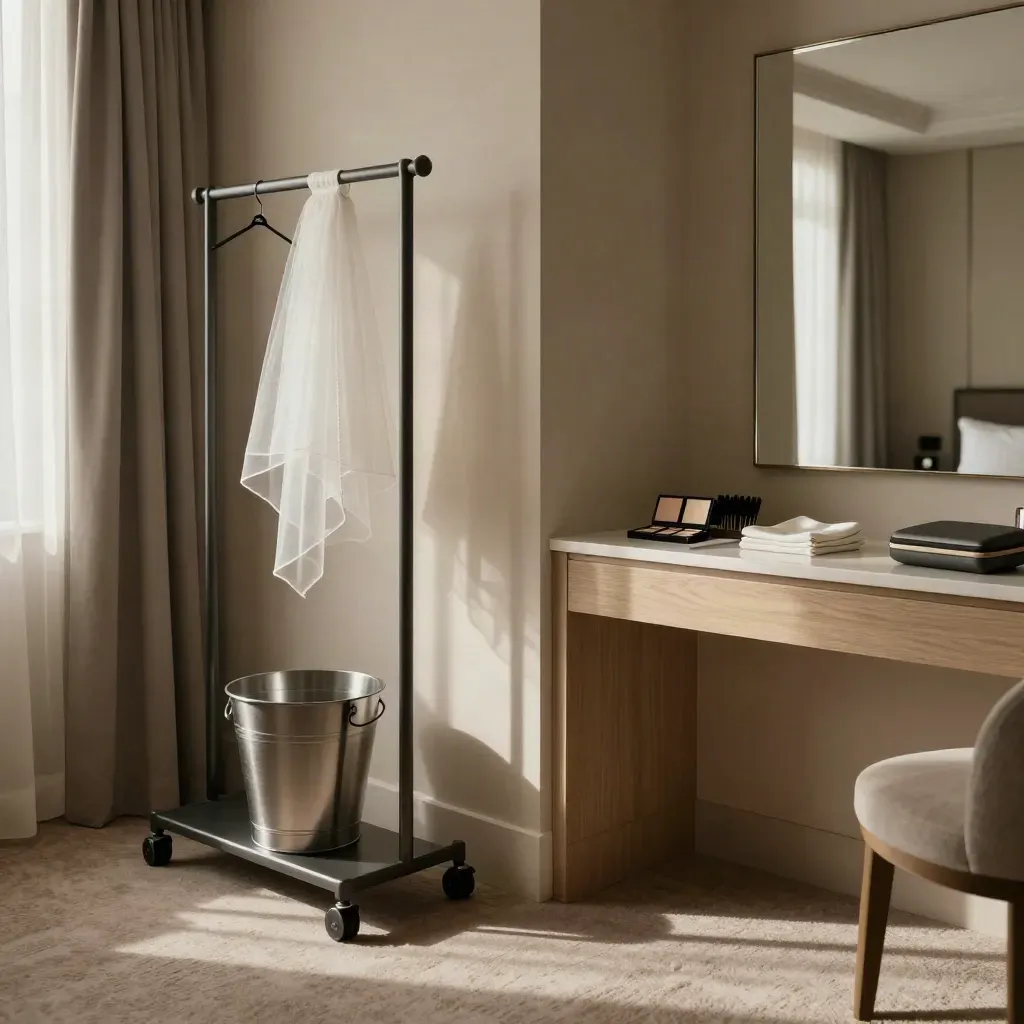 Reset bridal suite with garment rack, veil bag, bouquet bucket, and tidy vanity by the door.