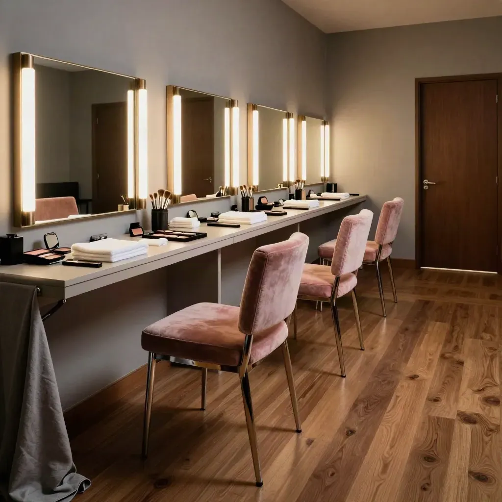 Backstage makeup chairs, compacts, and lit mirrors in a polished empty beauty station