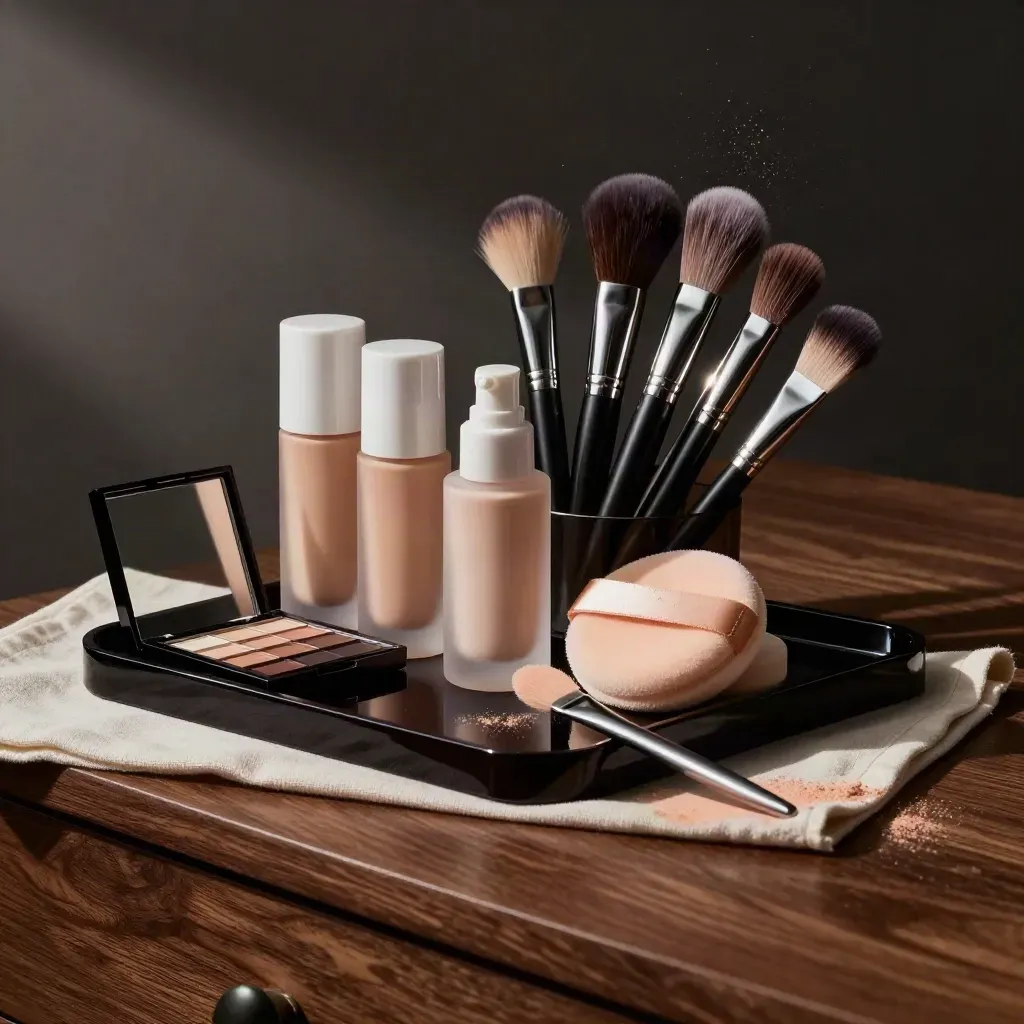 Makeup kit on a dark lacquer tray with foundation bottles, open palettes, brushes, puff, and spatula.