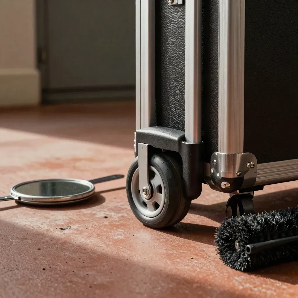Floor-level macro of a travel-ready beauty kit with case wheel, mirror, brush roll and chair hardware.