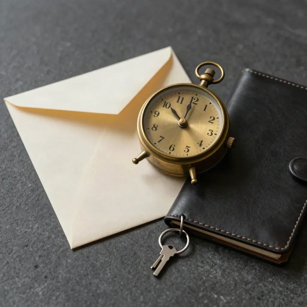 Brass travel clock, sealed envelope, and appointment folio on dark stone in soft side light.