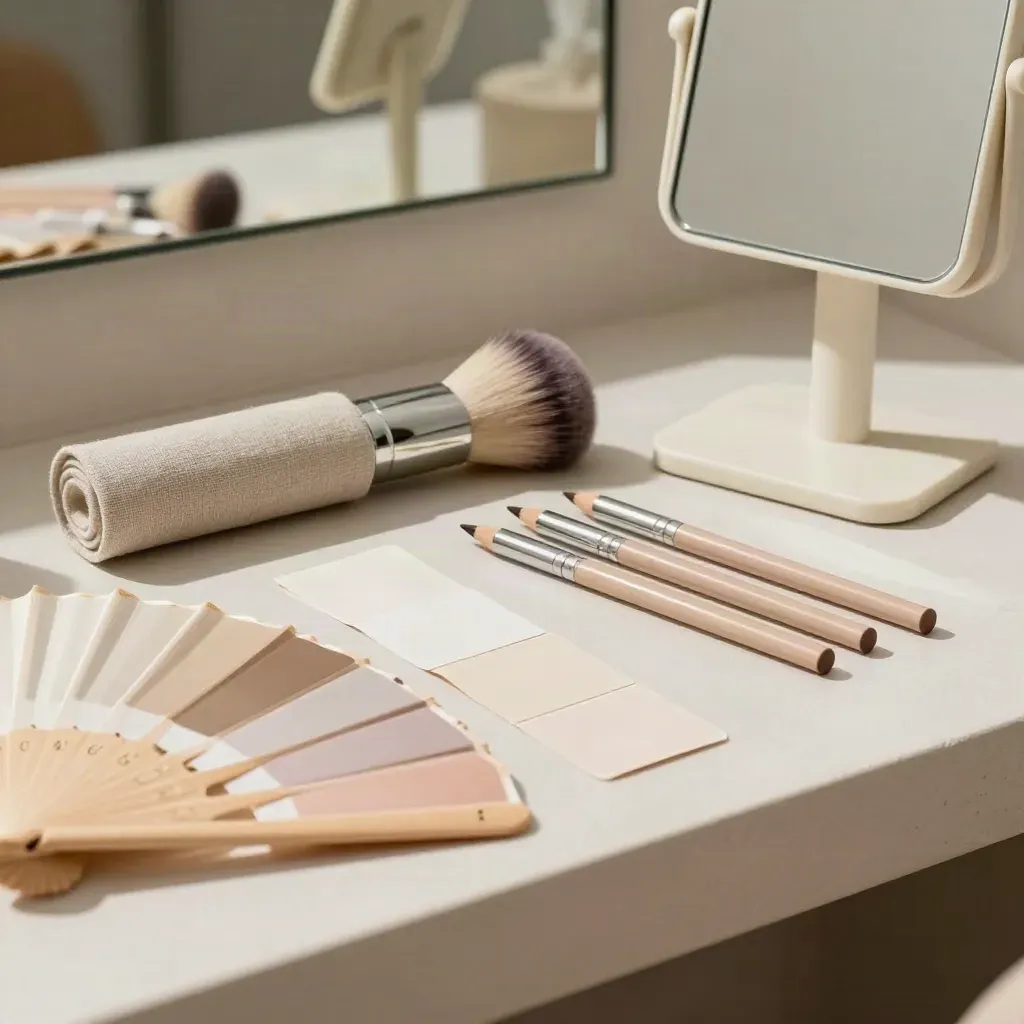 Neutral swatches, brow pencils and a brush roll beside a cream mirror stand.