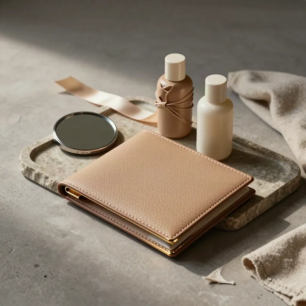 Leather folio, compact mirror, and travel bottles on a stone tray with a gold ribbon.