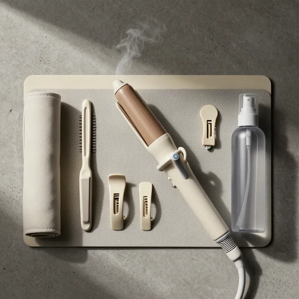 Overhead flatlay of curling iron, heat mat, brush roll, clips, and spray on concrete