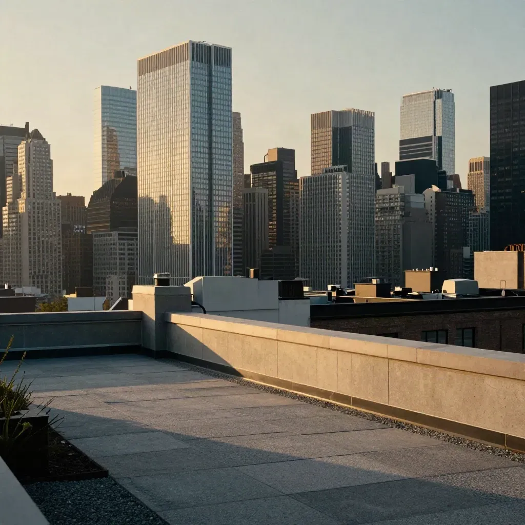 Golden-hour Manhattan skyline from a Chelsea rooftop above dark rooflines and Hudson haze