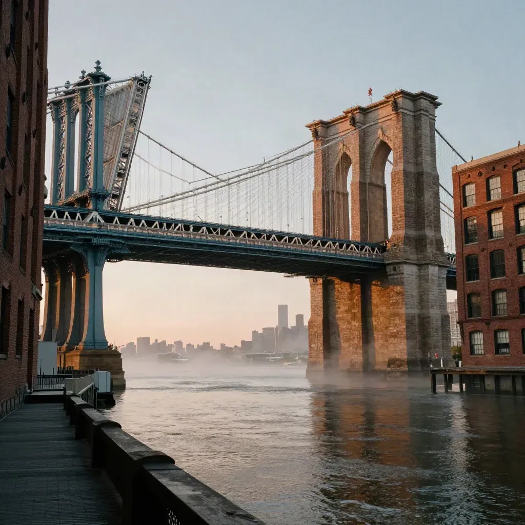 Brooklyn sunrise with the Manhattan Bridge arch above a calm East River and brick waterfront.