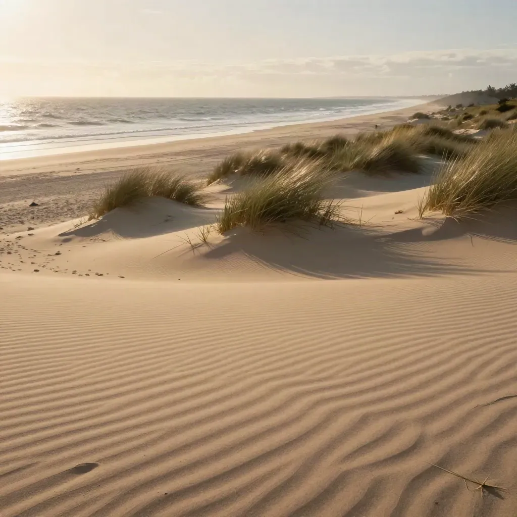 Dune overlook with khaki sand, beach grass, pale surf and hazy Long Island shoreline