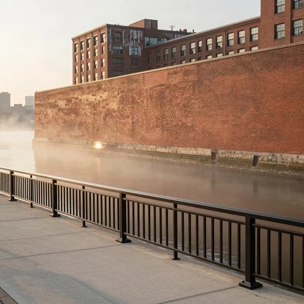 Hudson Riverfront with Hoboken facades and hazy Manhattan beyond at late-day calm.