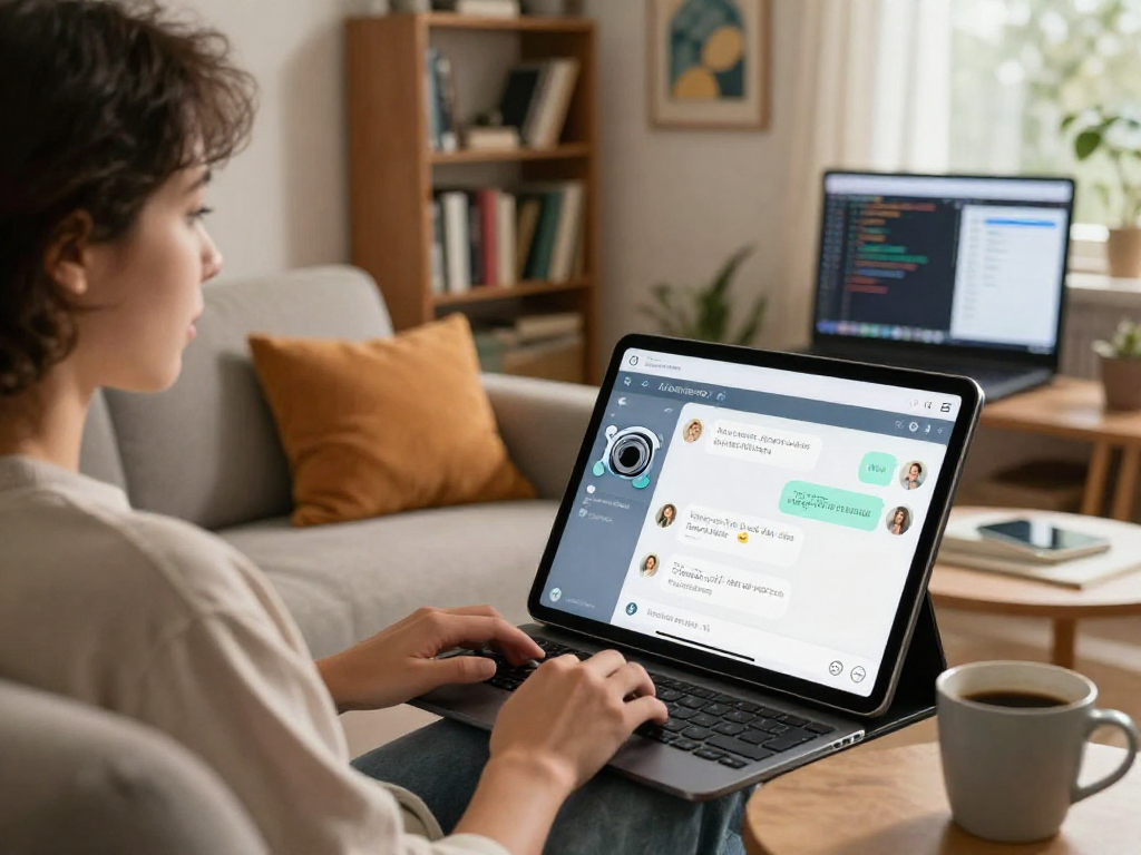 Engaging in sex ai chat conversation on tablet in a cozy home setting.