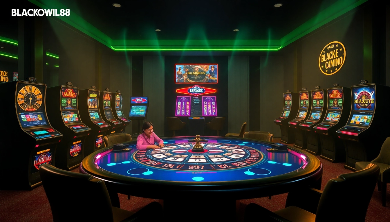 Experience the thrilling gameplay at BLACKOWL88 with engaging poker tables and vibrant slot machines.
