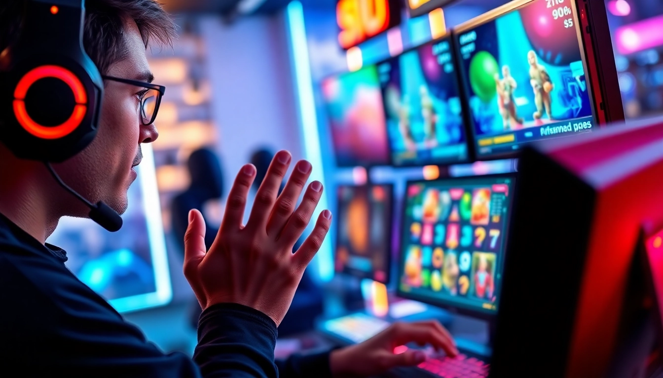 Menangkan permainan pakde4d slot dengan pemain gaming terfokus di depan layar canggih.