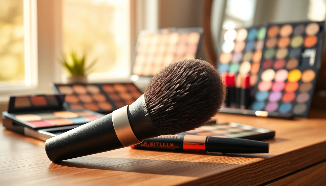 Apply makeup flawlessly with a dense makeup brush resting on a chic vanity surrounded by colorful palettes.