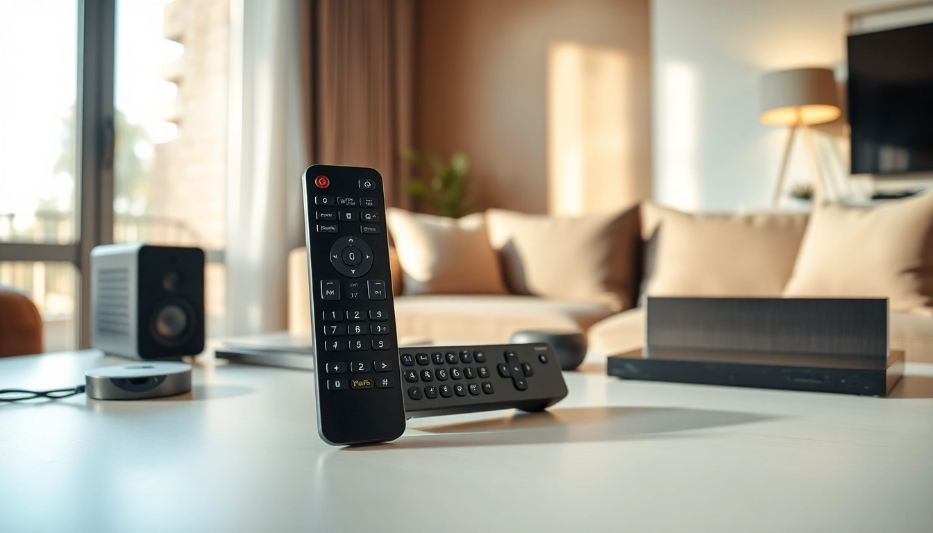 Fernbedienung kompatibel mit modernen TV-Zubehörteilen auf einem Tisch im Wohnzimmer.