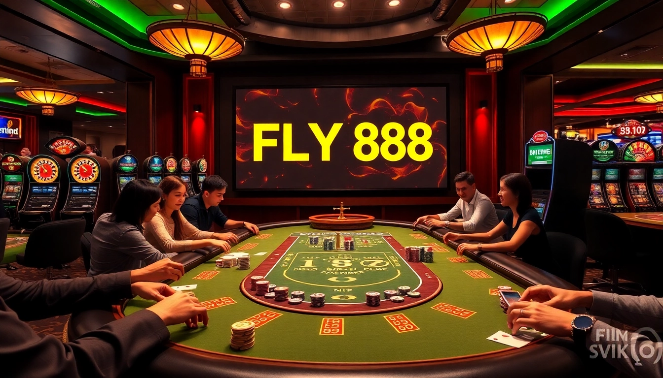 Engaging scene of gamblers at a table with luxury elements reflecting FLY 88 casino excitement.