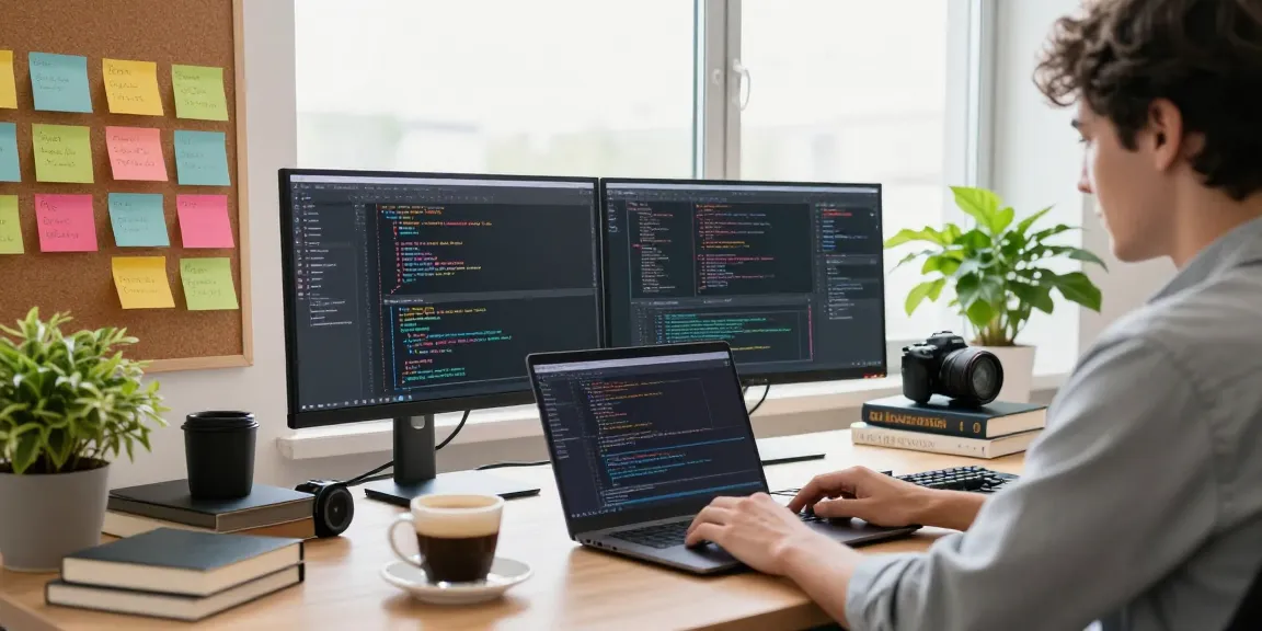 Dynamic tech workspace featuring snipaste官网, showcasing modern coding setup, dual monitors, and vibrant office elements.