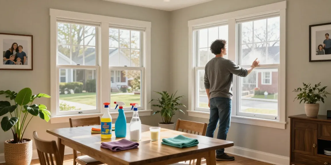 Homeowner demonstrating how to get rid of gasoline smell in house by opening windows and using cleaning supplies.