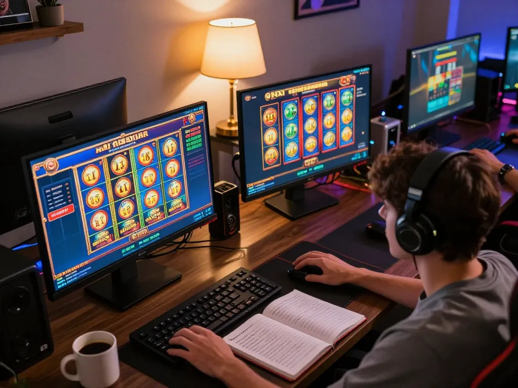 Engaging in สล็อตทดลอง on multiple screens showcasing vibrant slot games in a cozy home setting, with strategy notes visible.