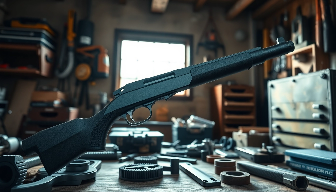 Showcasing Alamo 15 trigger in a workshop, highlighting its design and craftsmanship.