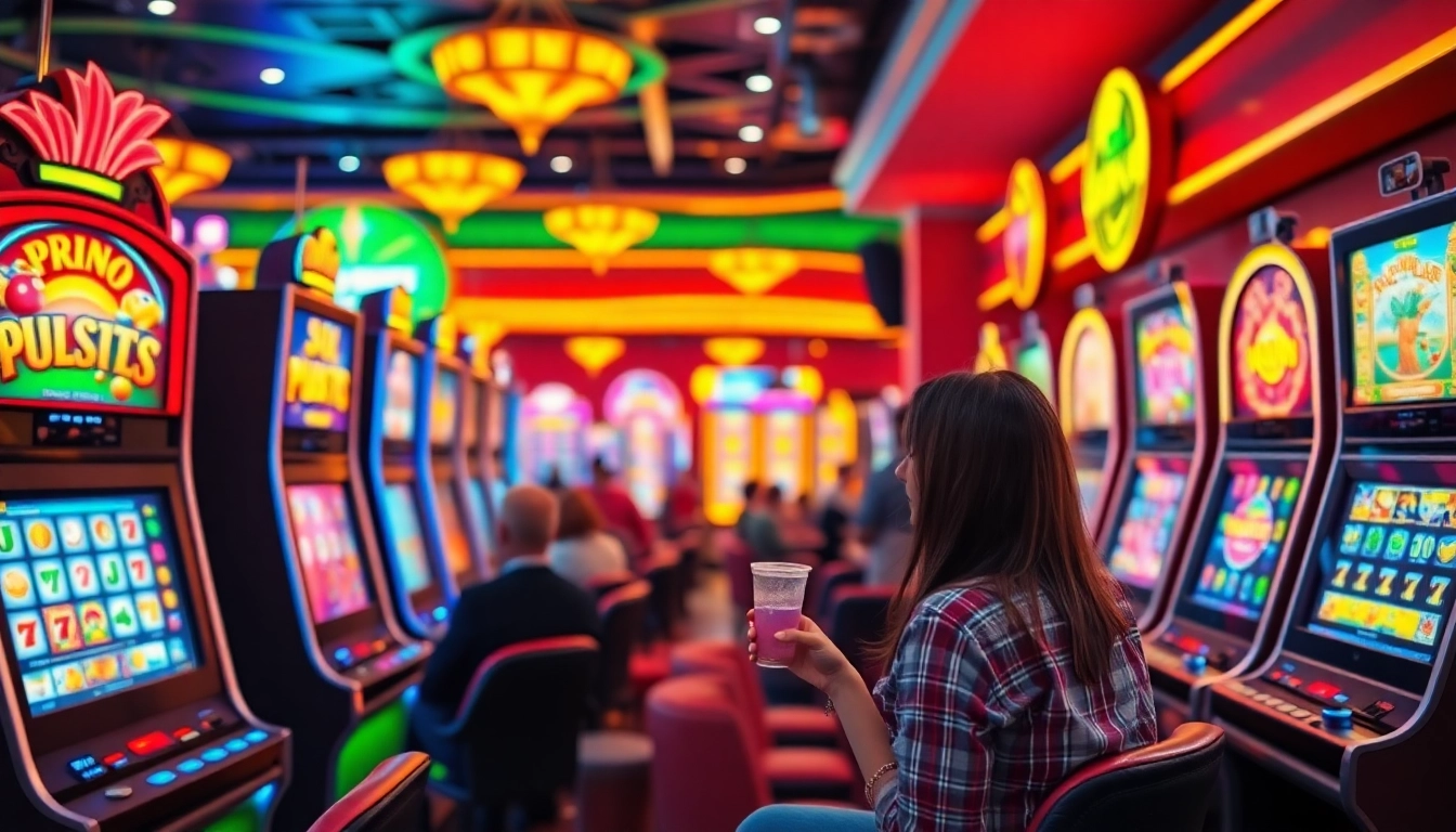 Menang besar saat bermain slot pulsa dengan mesin slot berwarna-warni dan suasana kasino yang ramai.