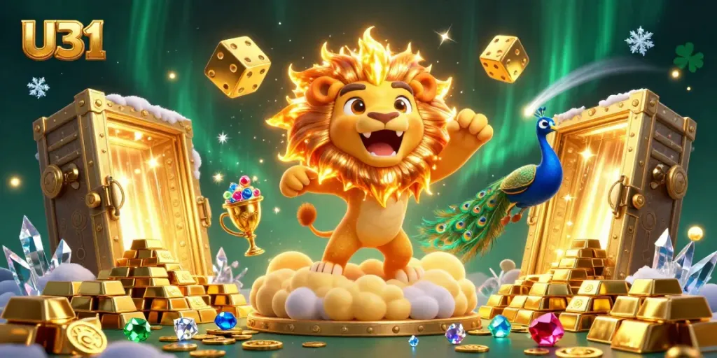 Experience U31's vibrant casino atmosphere with a roaring sun lion and dazzling gems in this captivating 3D scene.