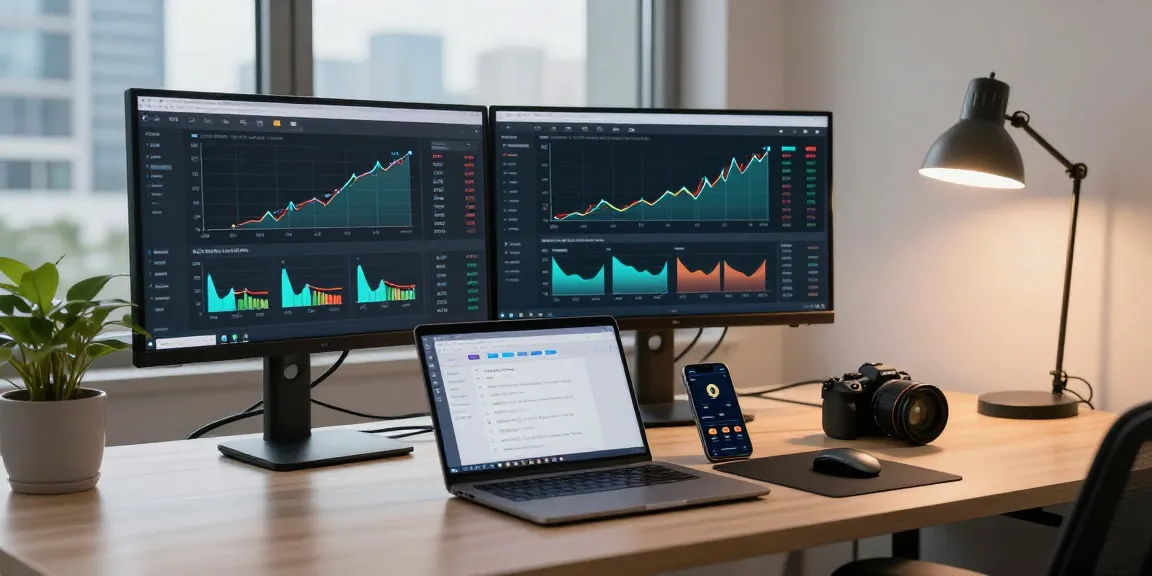 Cloud mining provider trading setup displaying cryptocurrency performance metrics, digital wallet, and mining software in a modern office.