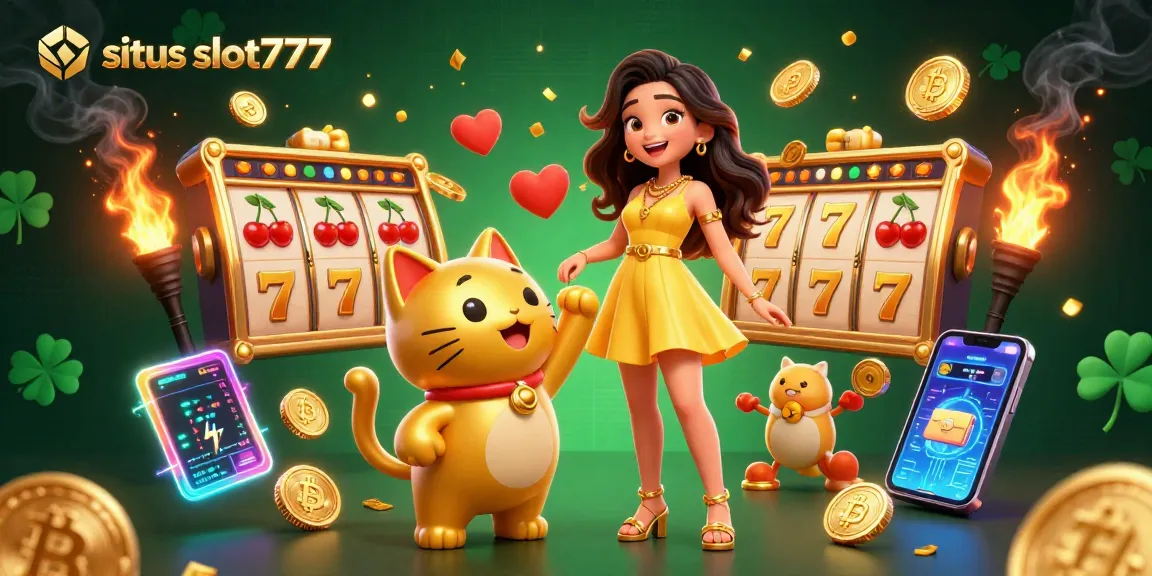 Engage in exciting gameplay at situs slot777 with vibrant 3D characters, slot reels, and golden elements.
