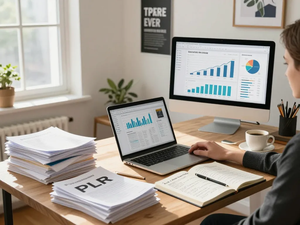 Purchase PLR Content with a professional home office setup showcasing digital marketing strategies and eBooks.