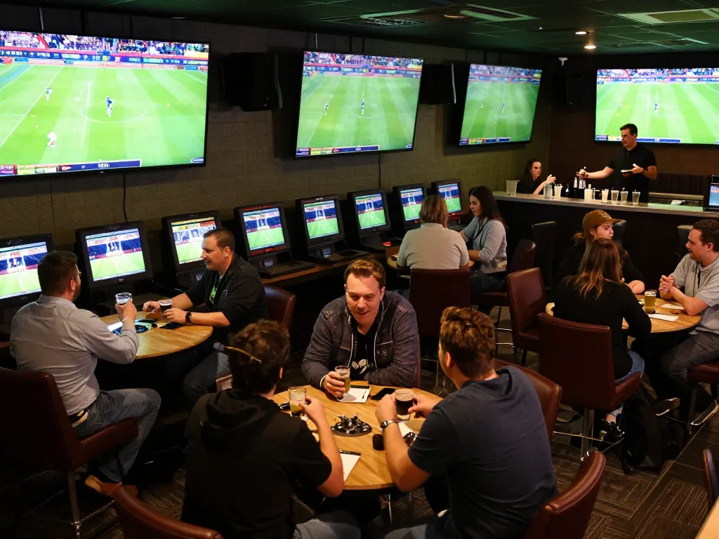 Betting action in a lively sports lounge showing kèo nhà cái 5 for football matches and patrons placing bets
