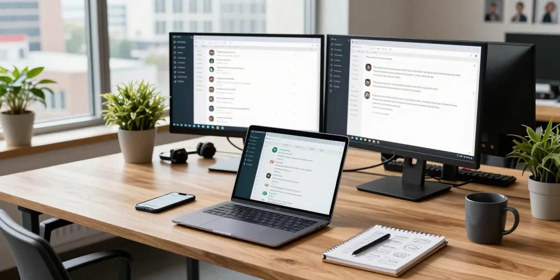 Using WhatsApp電腦版 at a modern workspace with laptops and city views