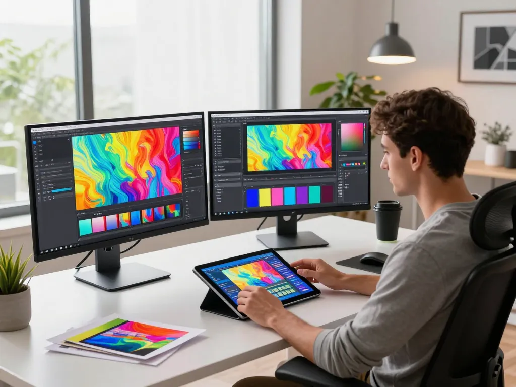 Dynamic workspace with graphic designer using nano banana AI for vibrant image editing.