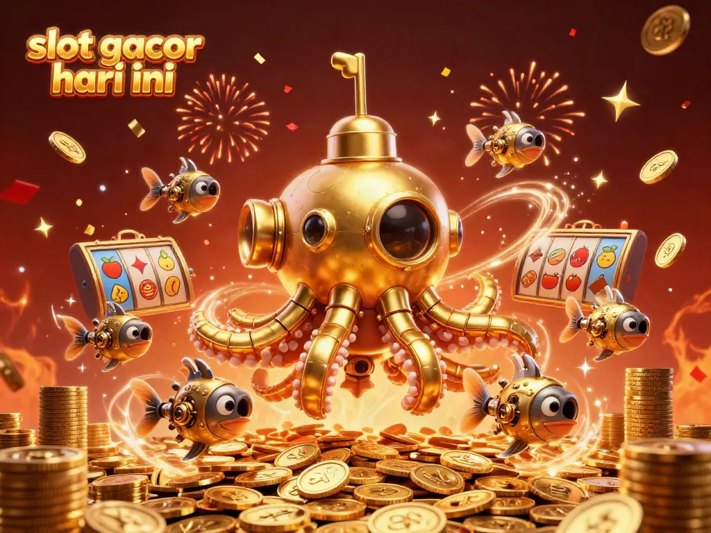 Permainan slot gacor hari ini dengan mesin slot berkilauan dan simbol jackpot di tengah lautan koin emas.