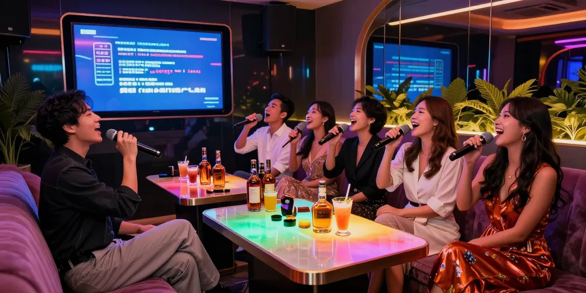 Experience the vibrant atmosphere of Gangnam karaoke at https://www.gangnamtune.com/ with friends singing, colorful lights, and premium drinks.