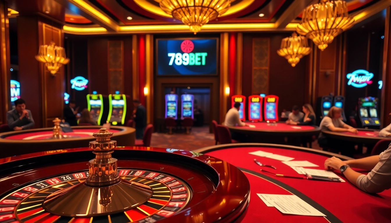 Exciting casino scene featuring vibrant games and the logo of 789 BET, highlighting thrilling gambling experiences.