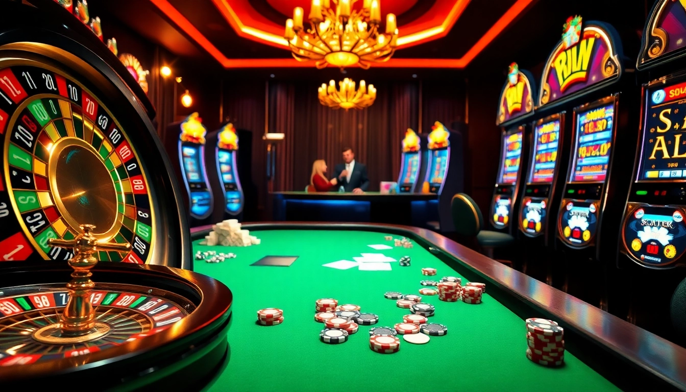 Experience the excitement of scatter hitam as players engage with vibrant slot machines in a luxurious casino.