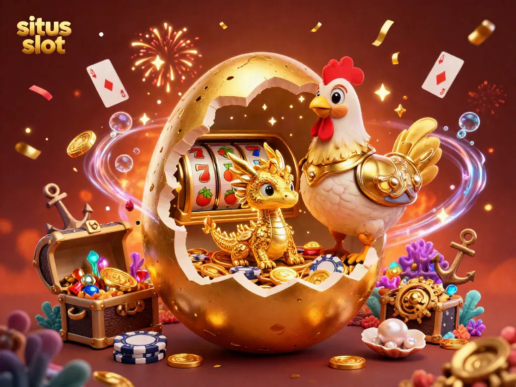 Experience situs slot magic with a baby golden dragon on poker chips and floating casino elements.